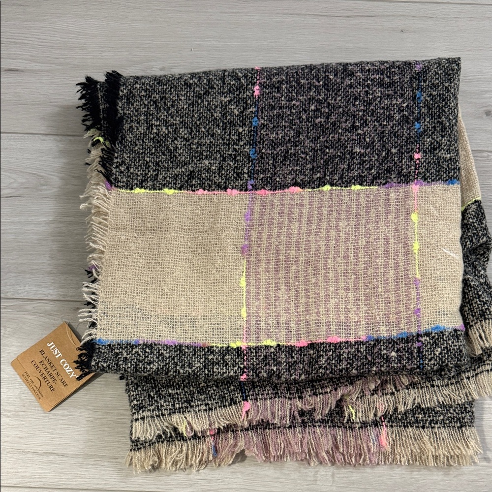 Beige and Black Plaid Fringed Wrap with Neon Stitching